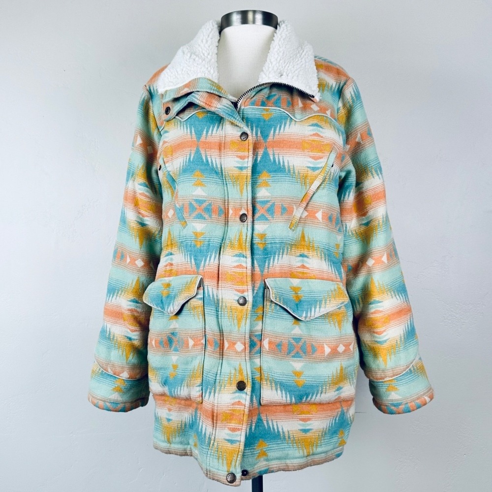 Faherty Womens Bluegrass Jacket Coat Fleece Trim Aztec Golden Field Print Medium